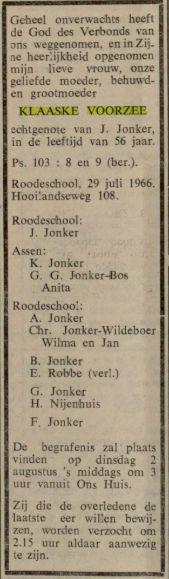 overlijdensadvertentie klaaske voorzee on 29 Jul 1966.